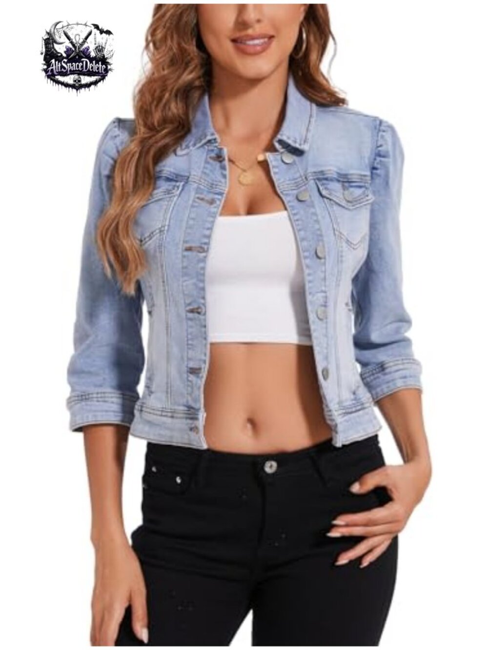 Cropped Stretch Denim Jacket 3/4 Puff Sleeve Distressed Pockets